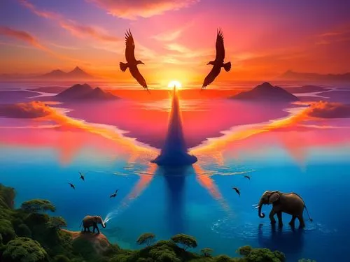 As the sun dips below the horizon, a fiery orange and red hue paints the sky in shades of pink, orange, and red. In the distance, a group of majestic animals grazes on the vast expanse of the Caribbea