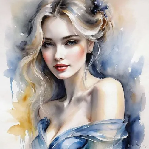 some cause happiness wherever they go and some whenever they go,watercolor blue,vanderhorst,watercolor pin up,margaery,watercolor painting,watercolor,behenna,romantic portrait,blue rose,watercolor wom