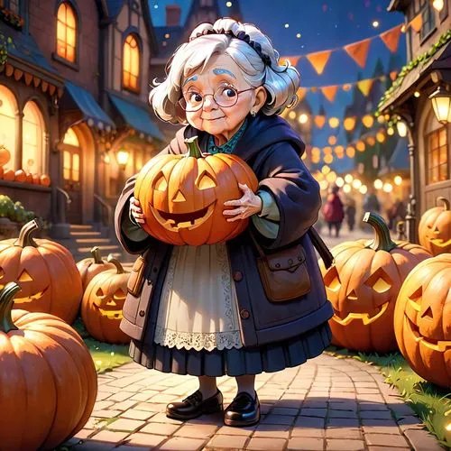 old grandma,cartoon style, and big pumpkin,halloween illustration,halloween wallpaper,halloween poster,pumpkin autumn,halloween scene,halloween background,halloween witch,october,trick-or-treat,hallow