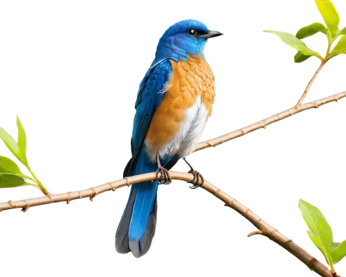 Blue bird, solo, perched on a branch, vibrant blue feathers, yellow beak, bright curious eyes, fluffy chest, slender legs, tiny claws, spread wings, morning dew, soft sunlight filtering through leaves