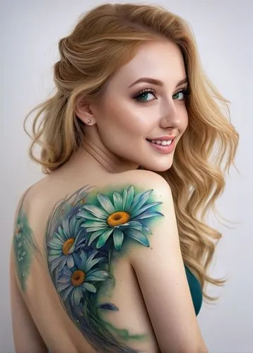 tattoo girl,beautiful girl with flowers,watercolor pin up,bodypainting,body painting,with tattoo,flower painting,bodypaint,girl in flowers,tattoos,elsa,colorful floral,fae,flowers png,tattoo artist,art model,watercolor women accessory,portrait background,lotus tattoo,on the arm,Illustration,Realistic Fantasy,Realistic Fantasy 30