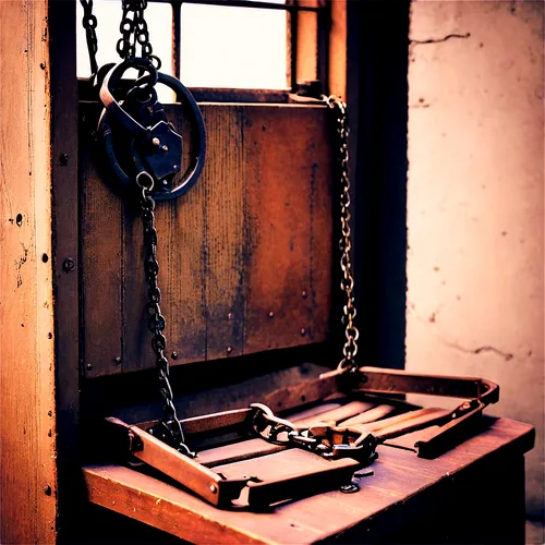 Old, rusty jail car, iron bars, small windows, steel wheels, heavy chains, wooden floor, dim lighting, worn-out seats, broken handcuffs, mysterious atmosphere, close-up shot, shallow depth of field, h