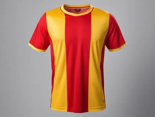 stripe red and yellow color, geometric design, nice design, crative design, jersey team,a yellow, red and black shirt hanging on a mannequin's dummye,nordsjaelland,monarcas,jagiellonia,dukla,herediano