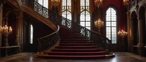 Baroque-inspired grand staircase, ornate balustrade, Gothic arches, luxurious velvet drapes, intricately carved wooden walls, crystal chandelier, marble floor, majestic columns, elegant lady, evening 