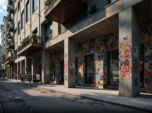 Rugged concrete facade, distressed finishes, industrial metal accents, gritty urban atmosphere, high-contrast shadows, dramatic lighting effects, bold architectural forms, geometric patterns, weathere