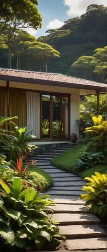 1970s house architecture, retro style, single-story bungalow, sloping roof, wooden panels, large windows, sliding glass doors, stone walls, lush greenery surroundings, tropical plants, vibrant flower 