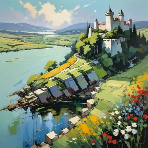 abstract oil on canvas art painting exploring big textures, square shapes, and pastel colors in a composition to depict a happy fairytale ending in an interpretative, castles, greenery, flowers, river