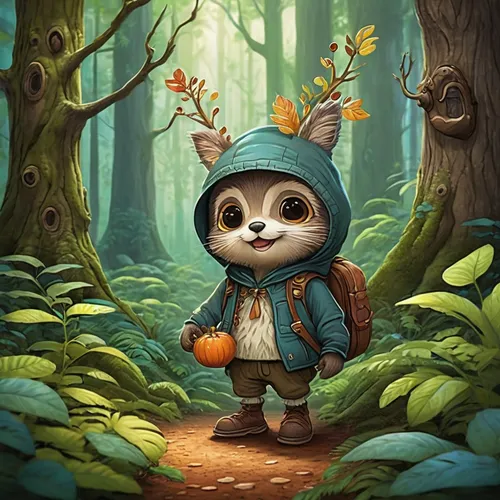 Create a cute cartoon character that lives in a magical forest and spreads joy wherever they go.,forest animal,forest background,woodland animals,cute cartoon character,farmer in the woods,little bunn