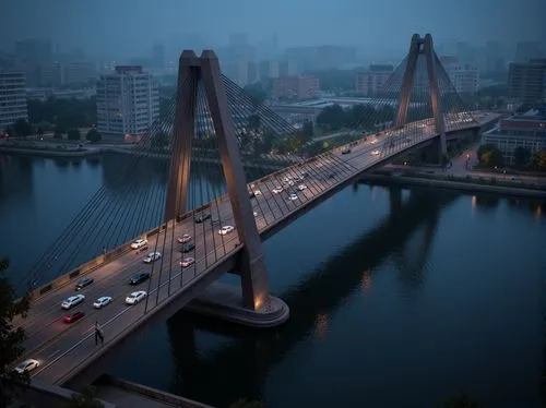 Sleek vehicular bridge, steel arches, suspension cables, cantilevered roadways, minimalist piers, reinforced concrete foundations, modernist architectural style, geometric shapes, angular lines, funct