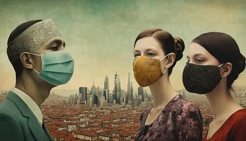 Three people wearing face masks overlaying a city scape.,pollution mask,medical mask,surgical mask,masks,coronavirus masks,respirators,flu mask,self-quarantine,medical face mask,patients,protective ma