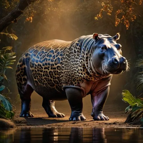 身上有花豹花紋的河馬,豹紋新物種,tapir,hippopotamus,babirusa,blue tiger,fantasy animal,hippopotami,Photography,General,Fantasy