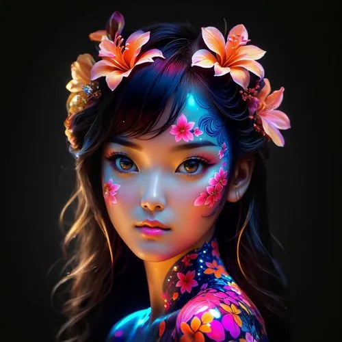 neon body painting,body painting,bodypainting,bodypaint,mongolian girl,face paint