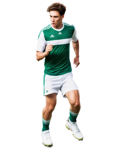 Male football player, muscular athletic build, sweaty skin, messy short hair, focused facial expression, wearing green jersey with white sleeves, white shorts with green stripes, shin guards, cleats, 