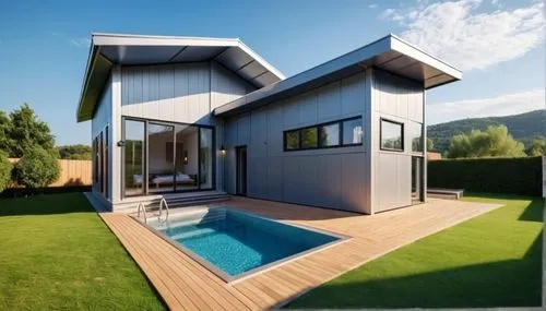 lawn,inverted cottage,3d rendering,wooden decking,modern house,pool house,folding roof,cubic house,homebuilding,wooden house,house shape,revit,weatherboard,weatherboarding,deckhouse,modern architectur