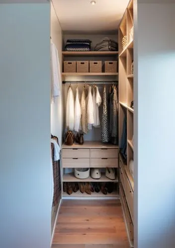 dressing room with white shelves and neatly laid out and hung clothes, stylish, beautiful, neat, cozy, illuminated shelves, white and square boxes, beige clothes.,an image of a closet that is open,wal