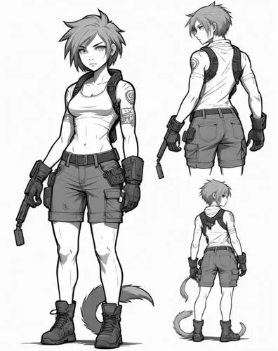 bulletgirl,girl with gun,girl with a gun,tomboys,revy,fatigues,Design Sketch,Design Sketch,Detailed Outline