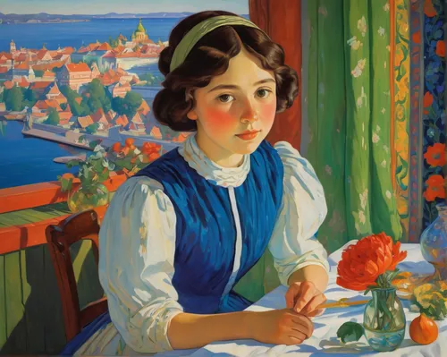 girl studying,girl with bread-and-butter,girl picking flowers,girl at the computer,woman at cafe,woman eating apple,girl in the garden,portrait of a girl,woman with ice-cream,woman drinking coffee,marguerite,flower painting,girl in flowers,inez koebner,girl picking apples,woman sitting,barbara millicent roberts,girl with cereal bowl,child with a book,holding flowers,Art,Classical Oil Painting,Classical Oil Painting 27