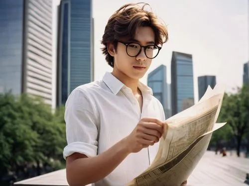 senior high school student, 2015, male, design and architecture major, black framed glasses, short messy brown hair, casual wear, white shirt, dark blue jeans, sneakers, holding a rolled-up blueprint,