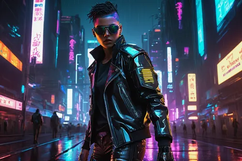 cyberpunk character, futuristic outfit, neon lights, reflective sunglasses, high-tech prosthetic arms, glowing tattoos, night city background, skyscrapers, holographic advertisements, street vendors, 