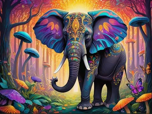 Vibrant psychedelic elephant, colorful swirling patterns on body, large ears with glowing purple edges, long curved tusks, shimmering silver eyes, glittering rainbow mane, ornate golden headdress, sta