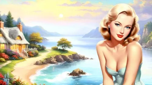 the blonde in the river,tropico,beach background,landscape background,cartoon video game background,marylyn monroe - female