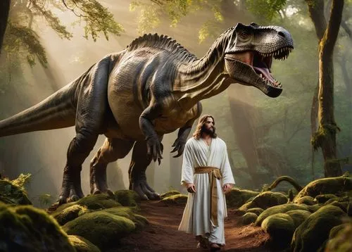 Jesus Christ, standing on a Tyrannosaurus Rex, biblical attire, white robe, golden sash, long brown hair, beard, gentle eyes, powerful muscular arms, majestic posture, dramatic lighting, misty atmosph