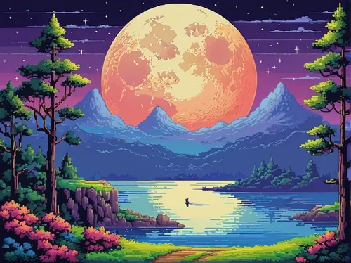 pixel art,moonrise,lunar landscape,lunar,earth rise,lagoon,hanging moon,purple landscape,valley of the moon,moon and star background,the moon,fantasy landscape,evening lake,dream world,retro background,an island far away landscape,unicorn background,dusk,dusk background,big moon,Unique,Pixel,Pixel 05