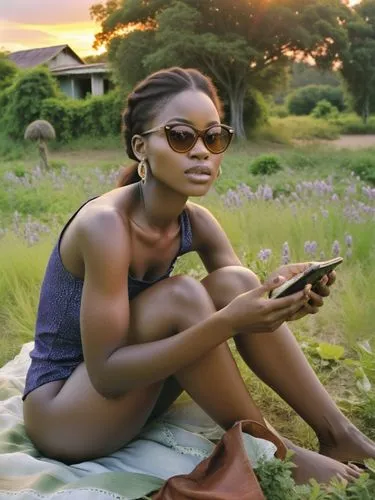 A rather self-absorbed woman from Angola.,a woman is sitting in a field of flowers with a tablet,akuapem,onyali,ikpe,woman holding a smartphone,ibibio,dibaba,Photography,Black and white photography,Bl