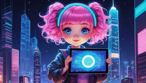 eleven,transistor,cyberpunk,girl at the computer,midi,computer icon,echo,holding ipad,phone icon,nora,vector girl,cg artwork,nico,electro,cpu,computer,cyber,luka,electronic,cyberspace,Illustration,Realistic Fantasy,Realistic Fantasy 06