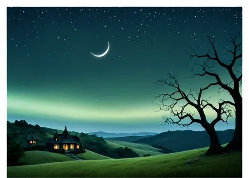 green aurora,night scene,moonlit night,moon and star background,landscape background,norther lights,green landscape,the northern lights,fantasy picture,crescent moon,home landscape,houses clipart,night sky,auroras,nordlys,northern light,northen lights,northern lights,the night sky,northen light,Illustration,Abstract Fantasy,Abstract Fantasy 05