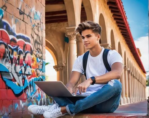 Young adult, university student, Santa Barbara, California, architecture major, male, casual wear, ripped jeans, white T-shirt, sneakers, backpack, laptop, notebook, pencils, sitting, studying, outdoo