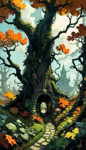 autumn forest,cartoon forest,oak,fairy forest,oak tree,cartoon video game background,Conceptual Art,Oil color,Oil Color 04