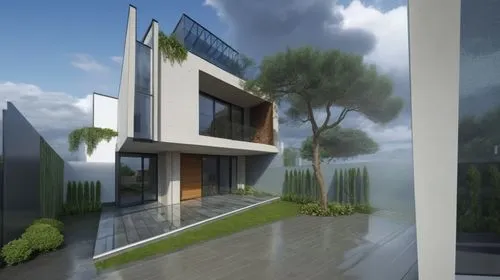 a modern architecture is seen against a cloudy sky,3d rendering,modern house,modern architecture,render,residencial,landscape design sydney,Photography,General,Realistic