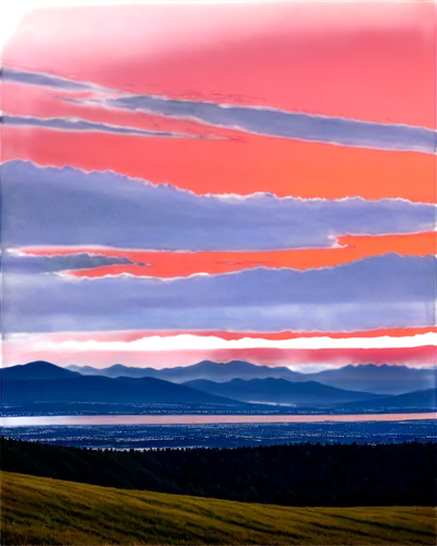 Panoramic view, vast horizon, sunset, orange-pink sky, few clouds, distant mountains, gentle slopes, serene atmosphere, warm light, soft focus, cinematic composition, shallow depth of field, natural t