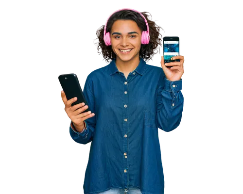 Music lover, headphones, young adult, relaxed posture, casual wear, messy hair, joyful expression, holding smartphone, downloading icon, colorful UI, digital sound waves, vibrant colors, soft focus, 3