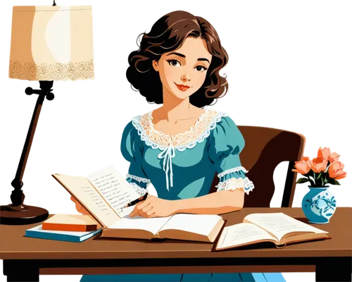 jane austen,girl studying,book illustration,vintage illustration,elizabeth nesbit,victorian lady,women's novels,milkmaid,sci fiction illustration,game illustration,author,retro 1950's clip art,illustrator,coffee tea illustration,twenties women,vector illustration,writer,writing-book,crinoline,vintage woman,Illustration,Vector,Vector 01