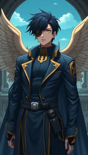 Full-body character design of a man with Egyptian features, hawk-like golden eyes, and short, dark hair. Wears a modern military uniform in shades of blue and gold, with wings that can manifest or ret