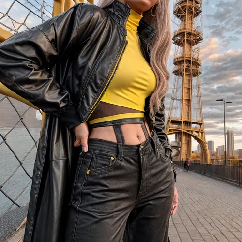 yellow and black,leather,leather jacket,female model,leather texture,black and gold,black leather,yellow background,yellow wall,aurora yellow,yellow sky,yellow,black yellow,women fashion,street fashion,fashion shoot,yellow brick wall,concrete background,menswear for women,yellow brown