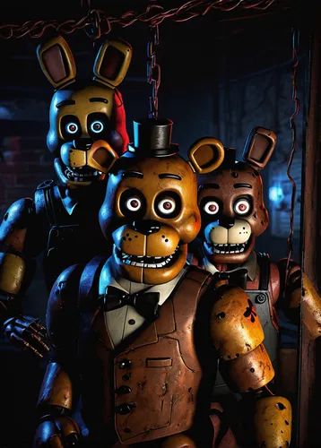 Five Nights at Freddy's animatronics, Freddy Fazbear, Chica, Bonnie, Foxy, creepy, standing pose, glowing eyes, tattered costume, exposed wires, rusted metal texture, dilapidated pizzeria, dark atmosp