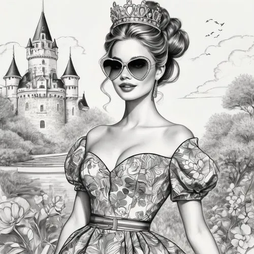 fairy tale character,princess sofia,fantasyland,noblewoman,vintage drawing,disneyfied,Illustration,Black and White,Black and White 30