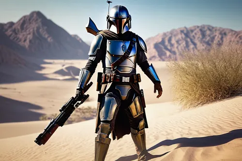 Mandalorian warrior, KOTOR era, T-visored helmet, beskar armor, blue and silver color scheme, cape, utility belt, blaster rifle, standing pose, confident expression, desert background, twin suns, Tato