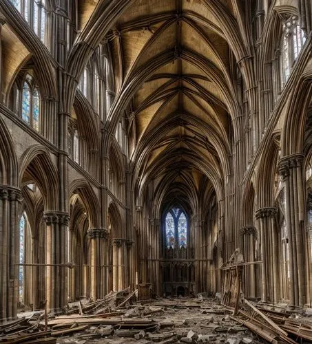 ruined gothic nave
collapsed central vault and debris on the floor

,haunted cathedral,gothic architecture,medieval architecture,coventry,york minster,notre dame,luxury decay,empty interior,york,all s