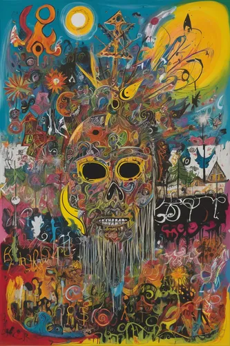 board in front of the head,primitive man,covid-19 mask,pachamama,death's-head,cd cover,ego death,el salvador dali,psychedelic art,shamanism,shamanic,mixed media,indigenous painting,masquerade,dali,colorful tree of life,shaman,zodiac,exploding head,khamsa,Conceptual Art,Graffiti Art,Graffiti Art 10