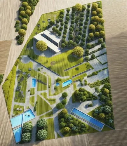 a landscape plan of the campus with gardens full of the trees and pools and buildings,europan,mvrdv,3d rendering,landscape plan,neukom,school design,ecovillages,technopark,greentech,autostadt wolfsbur