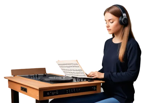 Headphones, young woman, casual clothing, relaxed posture, eyes closed, peaceful expression, warm lighting, soft focus, shallow depth of field, vinyl record player, retro speaker, music notes, guitar,