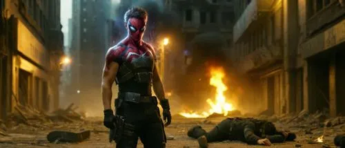 Complete o personagem e o coloque em um cenário distópico, com prédios parcialmente destruídos e com um inimigo pronto para o combate,  e diversas pessoas caídas pelo chão,dead pool,deadpool,spiderman