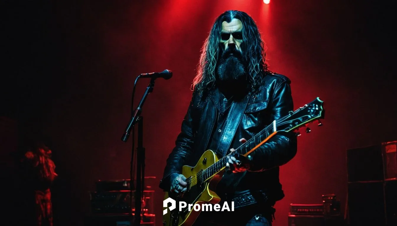 Rob Zombie, musician, solo, (45yo), intense gaze, black hair, beard, tattoos, leather jacket, black shirt, ripped jeans, combat boots, holding guitar, standing, dimly lit backstage, red lights, smoky 