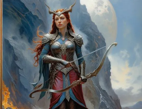 a woman with red hair and horns holding a bow and arrow,yavana,elenore,thorhild,vaivara,female warrior,sorceror,Illustration,Realistic Fantasy,Realistic Fantasy 03