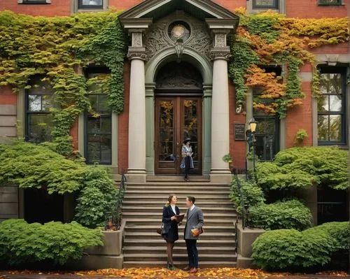 Historic Portland, Architectural Heritage Center, grand staircase, ornate railings, intricately carved wooden doors, vintage lamp posts, brick facade, ivy-covered walls, lush greenery surrounding, clo