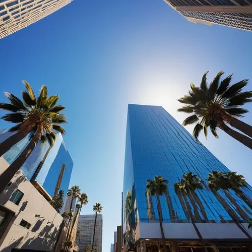 Modern Los Angeles architecture, sleek skyscrapers, glass curtain walls, steel frames, angular rooftops, cityscape, urban jungle, sunny day, clear blue sky, palm trees lining streets, trendy boutiques